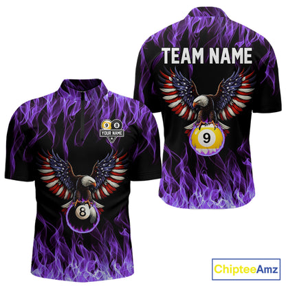 Purple Flaming American Flag Eagle 8 Ball & 9 Ball Billiard Shirt For Men Custom Pool Team Jersey TDM5653