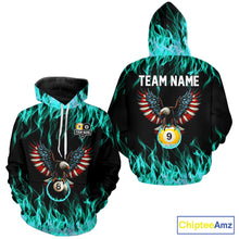 Load image into Gallery viewer, Turquoise Flaming American Flag Eagle 8 Ball &amp; 9 Ball Pool Hoodie Custom Billiard Hoodie Team Jersey TDM5654