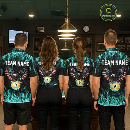 Turquoise Flaming American Flag Eagle 8 Ball 9 Ball Billiard Shirt For Men Custom Pool Team Jersey TDM5654