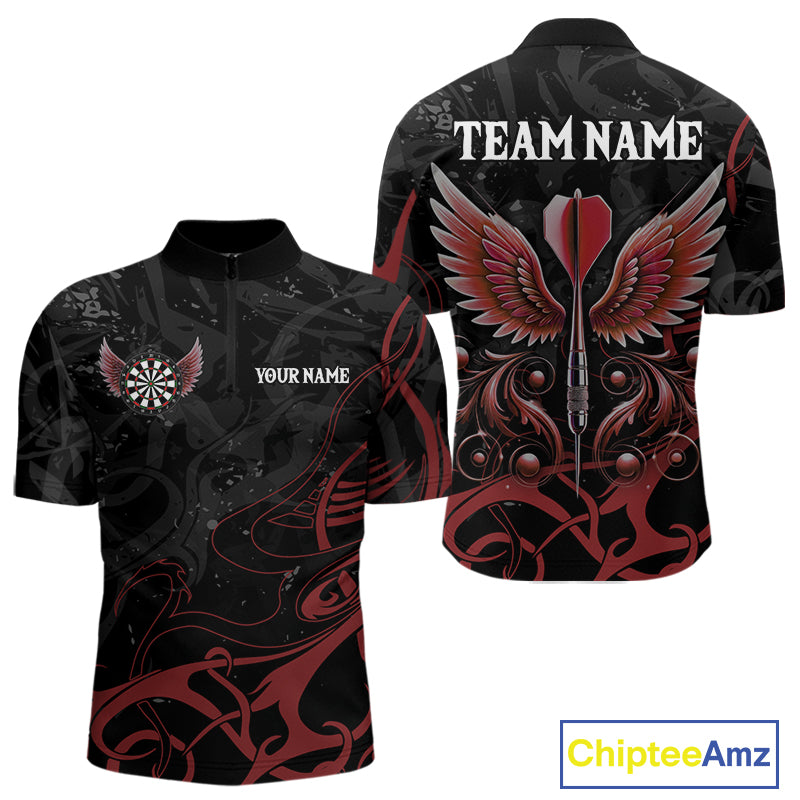 Black And Red Custom Wings Darts Shirts For Men, Darts Jersey Pocket Option TDM3839