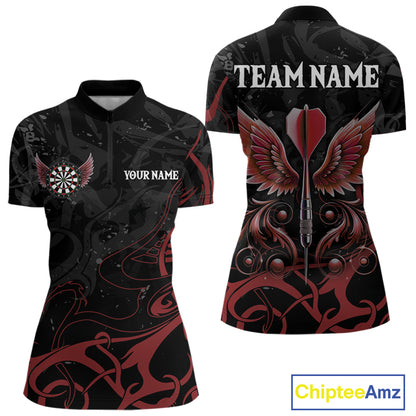 Black And Red Custom Wings Darts Shirts For Women, Darts Jersey Pocket Option TDM3839