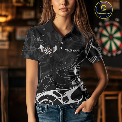 Grey And Black Custom Wings Darts Shirt For Women, Darts Jersey Pocket Option TDM3841