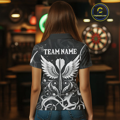 Grey And Black Custom Wings Darts Shirt For Women, Darts Jersey Pocket Option TDM3841