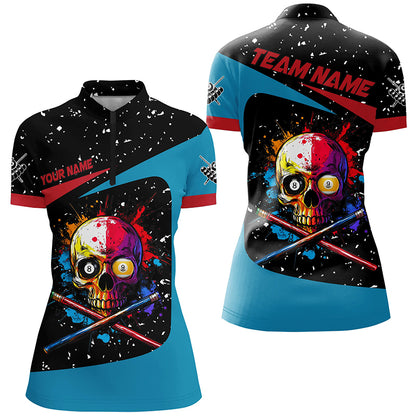 Personalized Colorful Skull 8 Ball 9 Ball Billiard Shirts For Women Custom Grunge Billiard Jerseys TDM2164