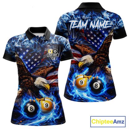 Blue Flaming Eagle 8 Ball 9 Ball Pool Billiard Shirt For Women Custom American Flag Billiard Jersey TDM7161
