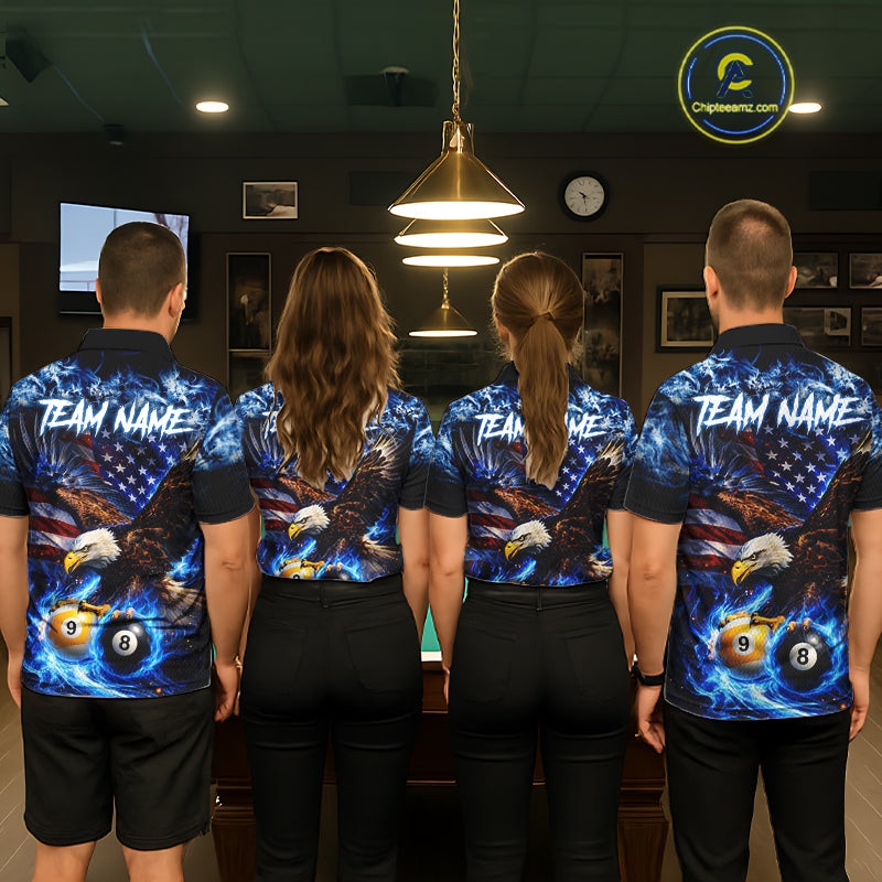 Blue Flaming Eagle 8 Ball 9 Ball Pool Billiard Shirt For Women Custom American Flag Billiard Jersey TDM7161