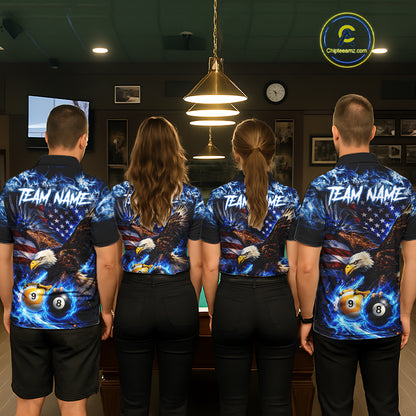 Blue Flaming Eagle 8 Ball 9 Ball Pool Billiard Shirt For Women Custom American Flag Billiard Jersey TDM7161
