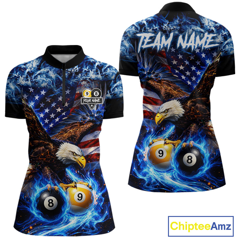 Blue Flaming Eagle 8 Ball 9 Ball Pool Billiard Shirt For Women Custom American Flag Billiard Jersey TDM7161