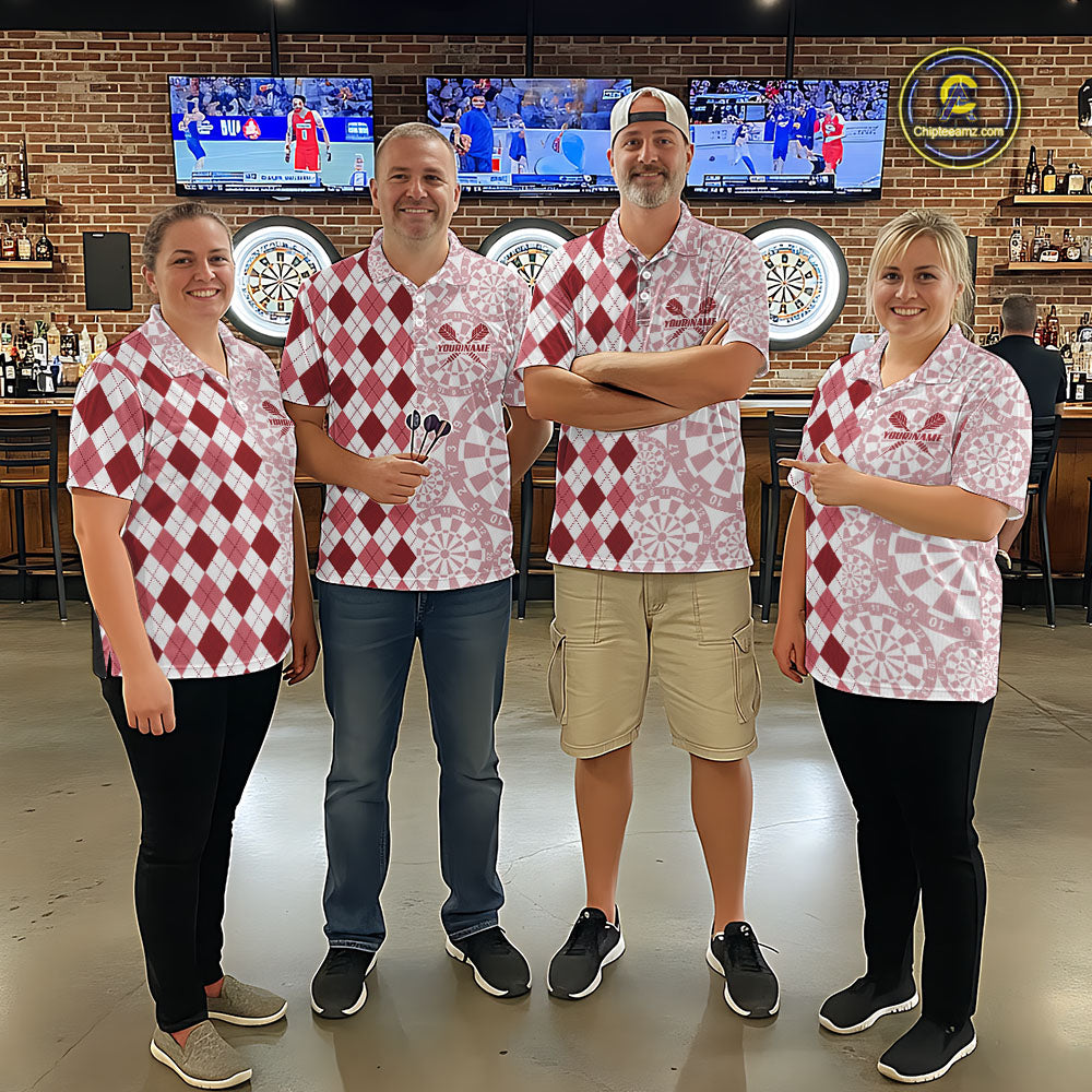 Aim Love Darts Custom Red Argyle Men Darts Polo & 1/4 Shirts, Funny Darts Shirts Darts Team Jersey TDM5661