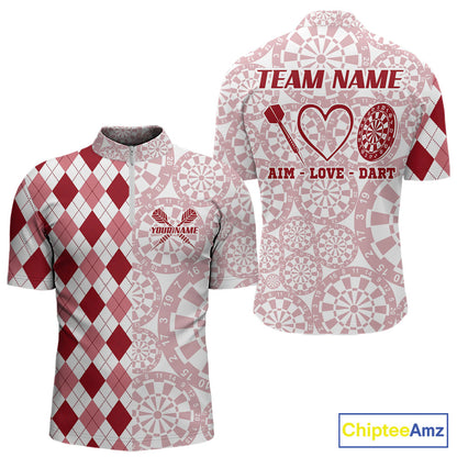 Aim Love Darts Custom Red Argyle Men Darts Polo & 1/4 Shirts, Funny Darts Shirts Darts Team Jersey TDM5661