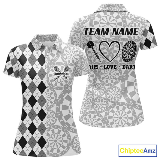 Aim Love Darts Custom Black Argyle Women Darts Polo & 1/4 Shirt, Funny Darts Shirts Dart Team Jersey TDM5662