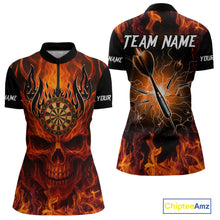 Load image into Gallery viewer, Orange Flaming Skull Women's Dart Jerseys Custom Dart Fire Lightning Darts Team Shirt Polo &amp; 1/4 Zip TDM3856