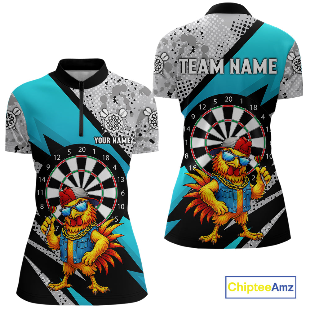 Personalized Rooster Funny Darts Shirt For Women Custom Darts Team Jersey Polo & 1/4 Zip |Blue TDM6279