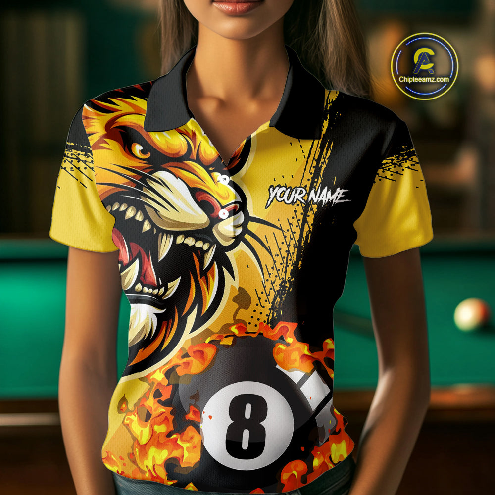 Yellow Funny 8 Ball Pool Flame Custom Lion Billiard Polo & 1/4 Zip Shirts For Women Billiard Jerseys TDM2937