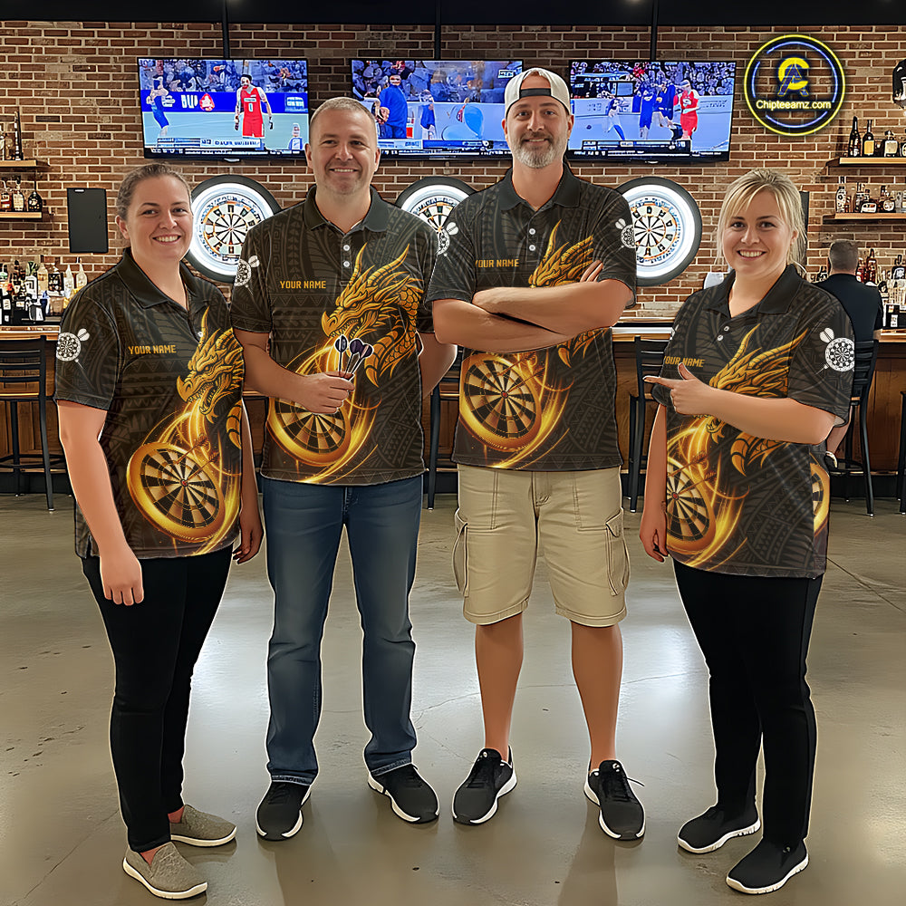 Black And Golden Custom Tribal Dragon Darts Shirt For Men, Darts Team Jersey Polo & Quarter Zip TDM5390