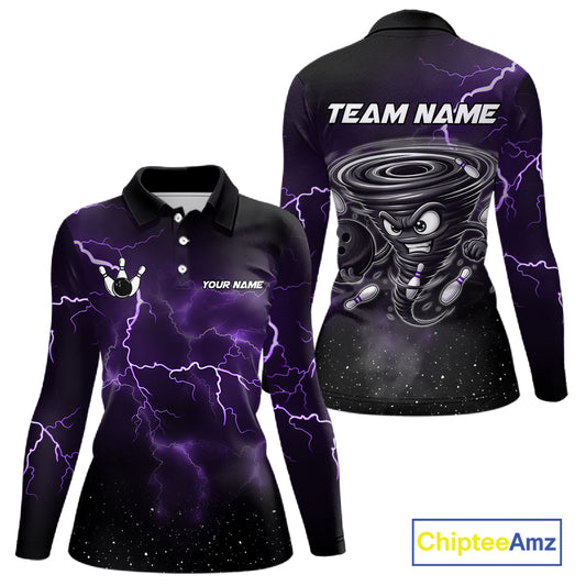 Personalized Thunder Lightning Tornado Funny Bowling Shirt For Women, Bowling Team Jersey |Purple TDM5394