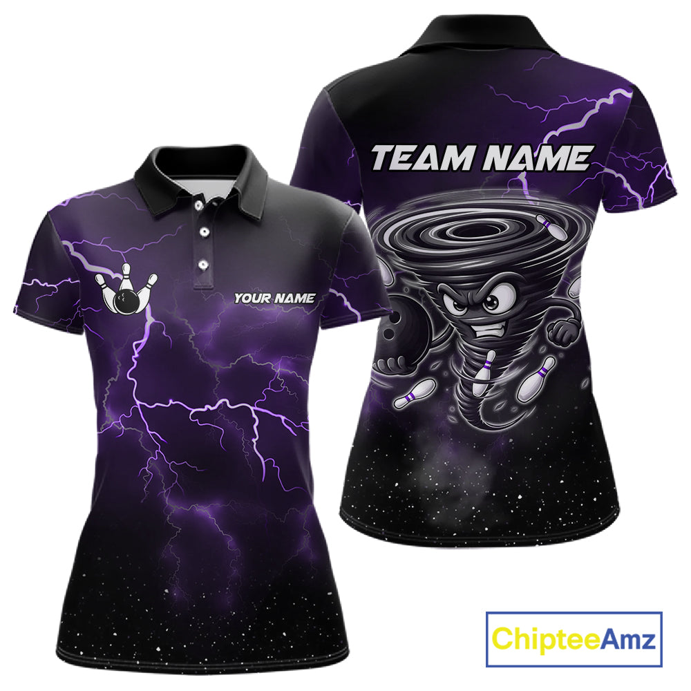 Personalized Thunder Lightning Tornado Funny Bowling Shirt For Women, Bowling Team Jersey |Purple TDM5394