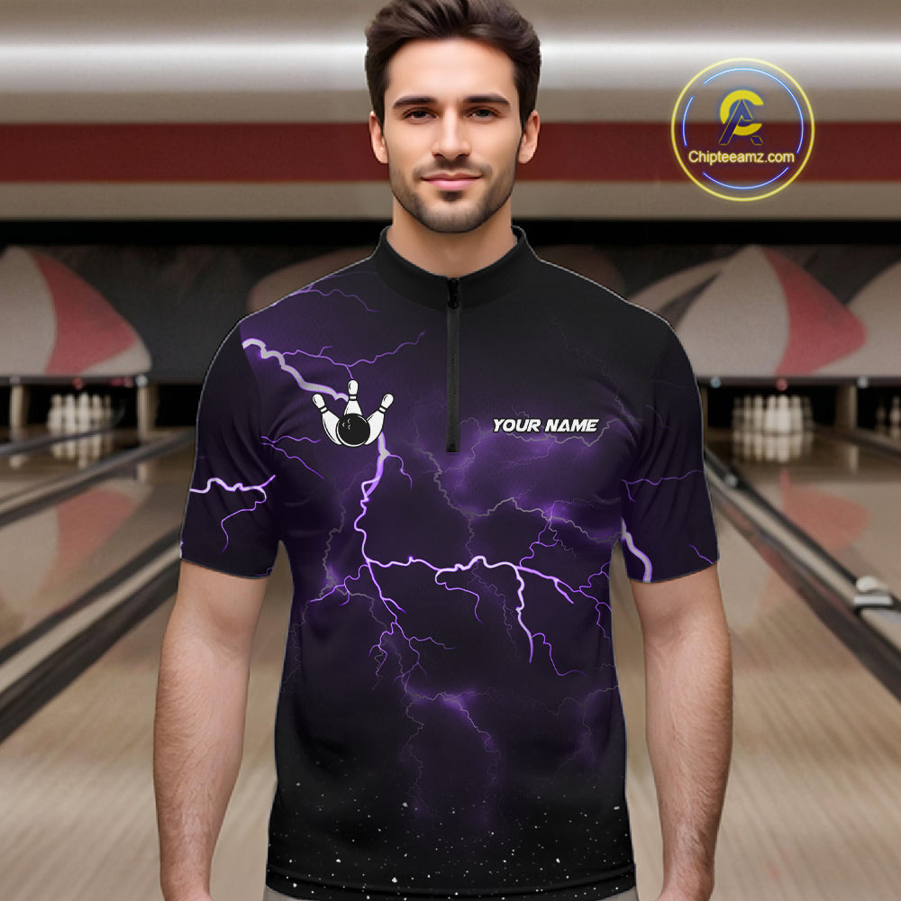Personalized Thunder Lightning Tornado Funny Bowling Shirt For Men, Bowling Team Jersey |Purple TDM5394