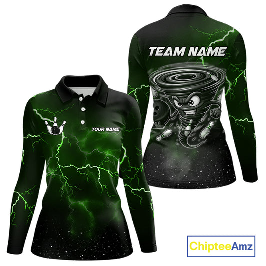 Personalized Thunder Lightning Tornado Funny Bowling Shirt For Women, Bowling Team Jersey |Green TDM5395