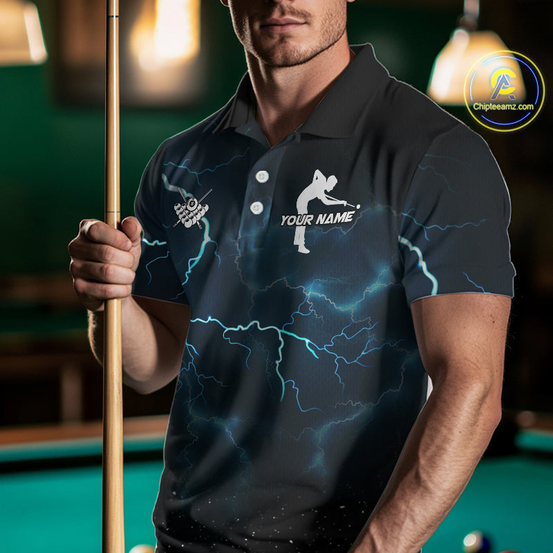 Blue Funny Tornado 8 Ball Pool Billiard Shirt For Men Custom Thunder Lightning Billiard Team Jersey TDM5396