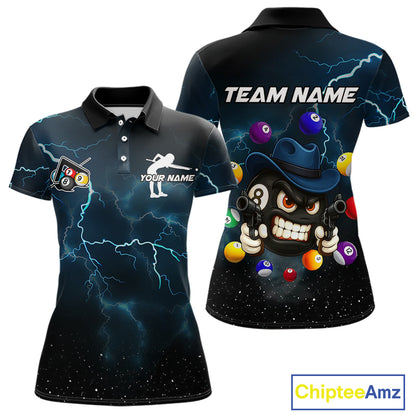 Blue Funny 8 Ball Pool Billiard Shirt For Women Custom Thunder Lightning Billiard Team Jersey TDM5397