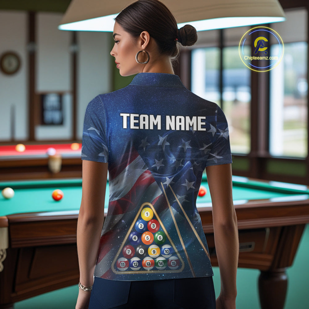 American Flag Blue Galaxy Billiard Shirt For Women Custom 8 Ball Pool Team Jersey Polo & 1/4 Zip TDM5885
