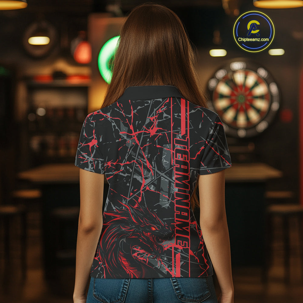 Red Grunge Dart Jerseys For Women, Fire Flame Dart Board Custom Name Dragon Darts League Shirts TDM3857