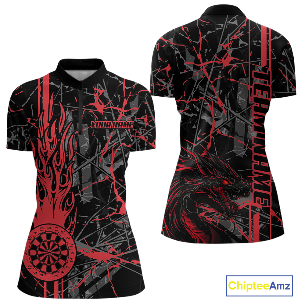 Red Grunge Dart Jerseys For Women, Fire Flame Dart Board Custom Name Dragon Darts League Shirts TDM3857