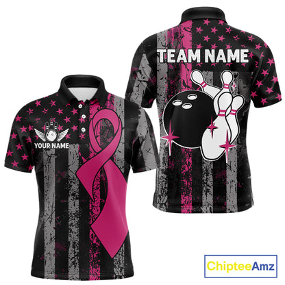 Custom Pink Ribbon Grunge American Flag Bowling Shirt For Men, Breast Cancer Bowling Team Jersey TDM6289
