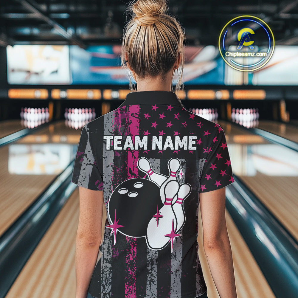 Custom Pink Ribbon Grunge American Flag Bowling Shirt For Women, Breast Cancer Bowling Team Jersey TDM6289