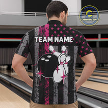 Load image into Gallery viewer, Custom Pink Ribbon Grunge American Flag Bowling Shirt For Men, Breast Cancer Bowling Team Jersey TDM6289