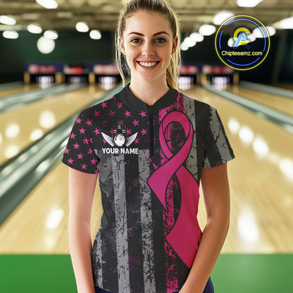 Custom Pink Ribbon Grunge American Flag Bowling Shirt For Women, Breast Cancer Bowling Team Jersey TDM6289