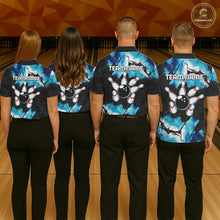 Load image into Gallery viewer, Back view of bowling team wearing matching dreamy blue bowling shirts in a bowling alley.