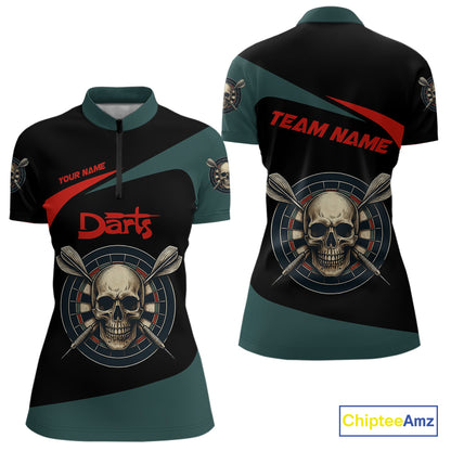 Grunge Skull And Dartboard Custom Quarter-zip Darts Shirt For Women - Darts Team Jersey NYN0700