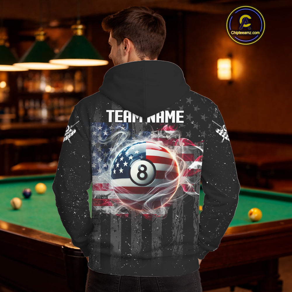 American Flag Smoke Billiard Hoodie For Men And Women Custom Patriotic 8 Ball Hoodie Team Jersey TDM5692