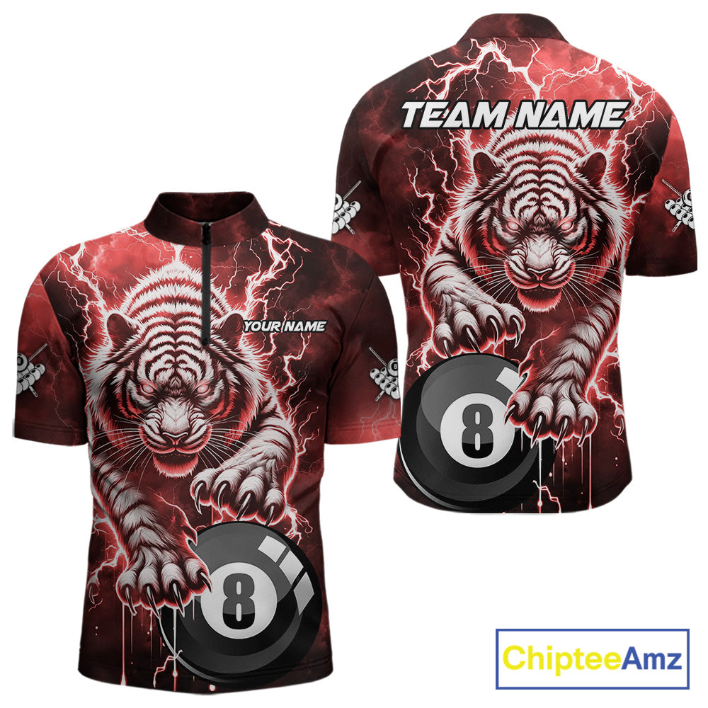 Red 8 Ball Thunder Lightning Tiger Billiard Shirt For Men Custom Pool Team Jersey Polo, 1/4 Zip TDM6037