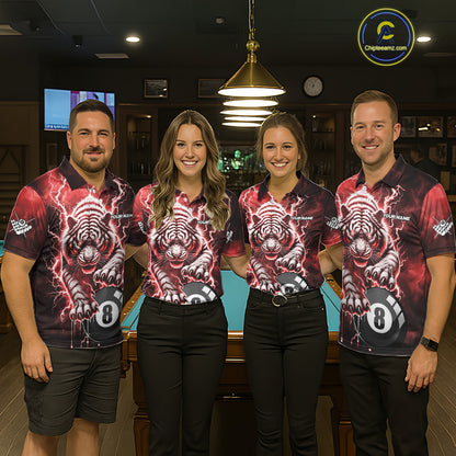 Red 8 Ball Thunder Lightning Tiger Billiard Shirt For Men Custom Pool Team Jersey Polo, 1/4 Zip TDM6037