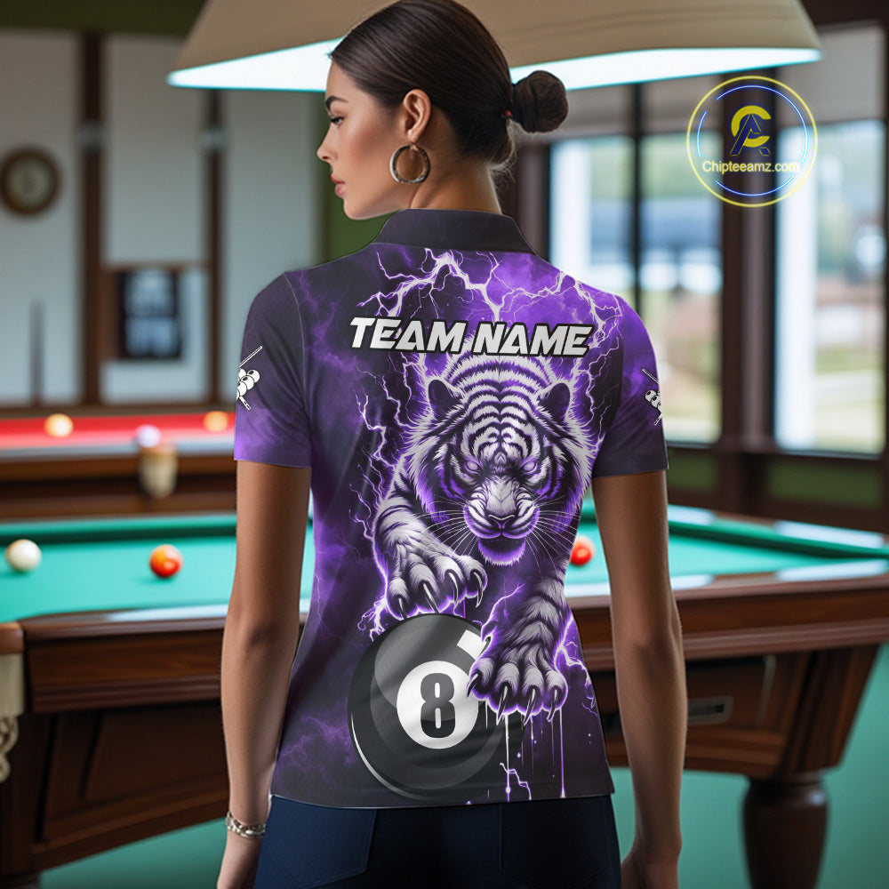 Purple 8 Ball Thunder Lightning Tiger Billiard Shirt For Women Custom Pool Team Jersey Polo, 1/4 Zip TDM6038