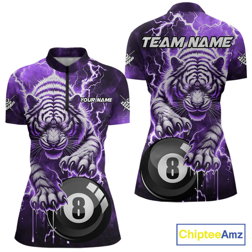 Purple 8 Ball Thunder Lightning Tiger Billiard Shirt For Women Custom Pool Team Jersey Polo, 1/4 Zip TDM6038