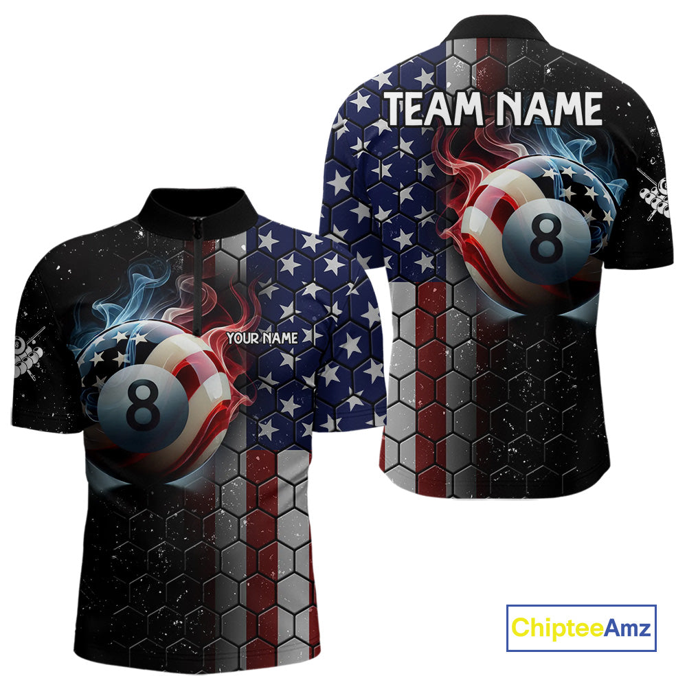 Custom Billiard Jersey For Men, 8 Ball Pool Shirt With American Flag, Billiard Polo & 1/4 Zip Shirt TDM3867