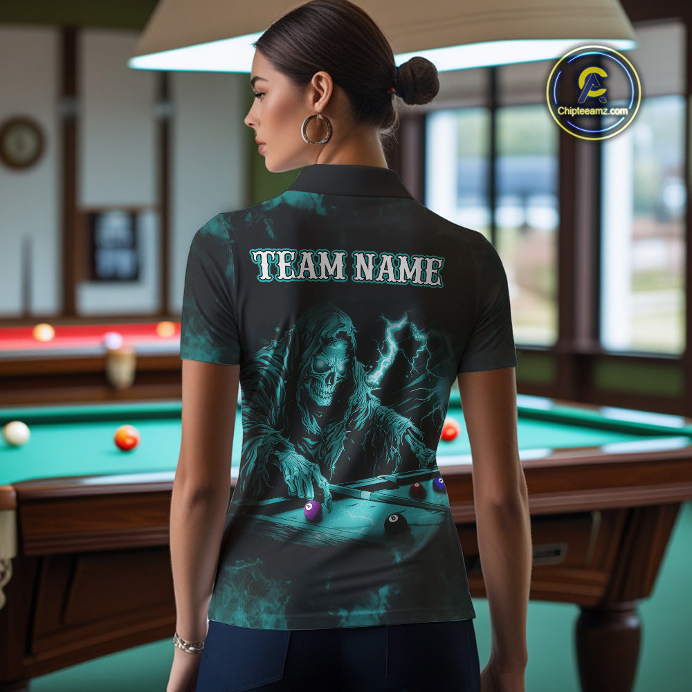 Personalized Turquoise Smoke Skull Billiard Shirts For Women Custom Grim Reaper Billiard Jerseys TDM3871