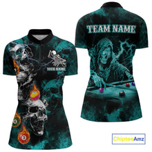 Load image into Gallery viewer, Personalized Turquoise Smoke Skull Billiard Shirts For Women Custom Grim Reaper Billiard Jerseys TDM3871