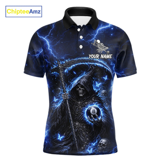 Blue 8 Ball Pool Grim Reaper Billiard Shirt For Men Custom Billiard Team Jersey Polo & 1/4 Zip TDM6300
