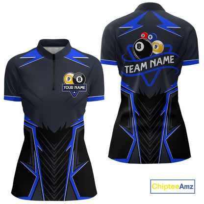 Billiard Jersey For Women Custom Polo & 1/4 Zip Billiard Team Shirt, 8 Ball & 9 Ball Pool Shirt|Blue TDM4329