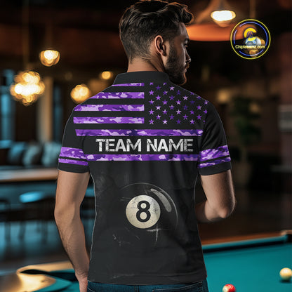 Customized Retro 8 Ball Pool Purple Camo US Flag Billiard Shirt For Men, Patriotic Billiard Jersey TDM4331