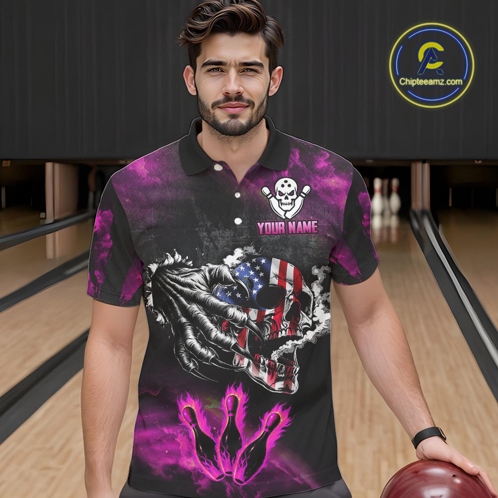 Pink Flaming American Flag Skull Bowling Shirt For Men Custom Fire Bowling Team Jersey TDM4751