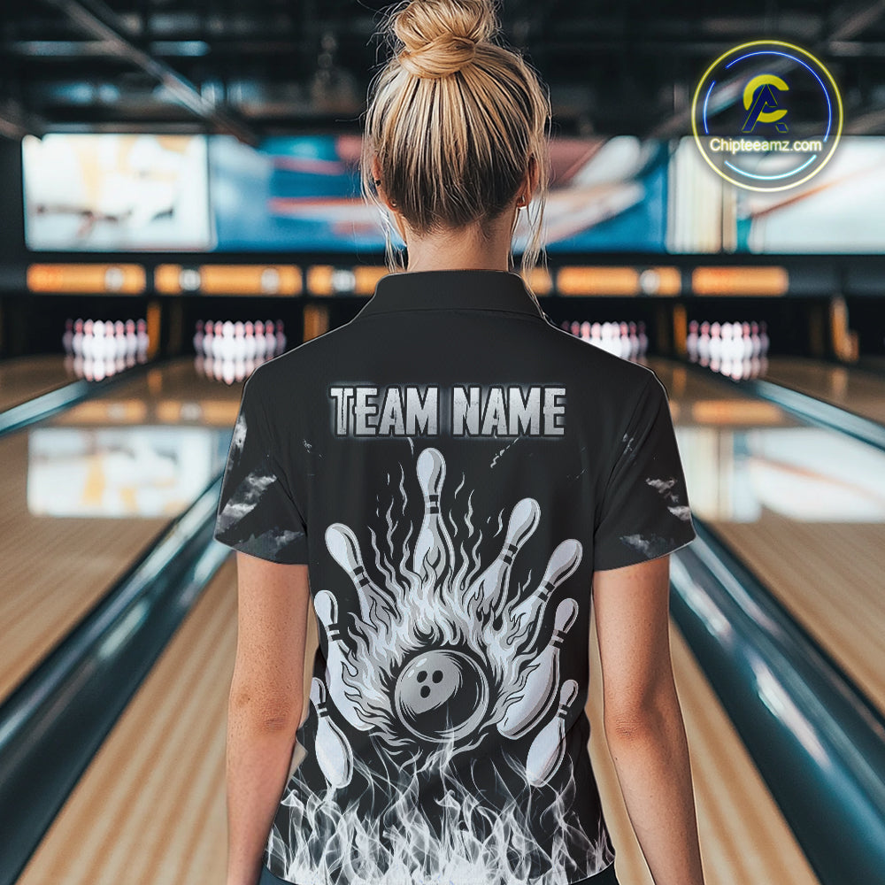 Black And White Flaming American Flag Skull Bowling Shirt For Women Custom Fire Bowling Team Jersey TDM4752