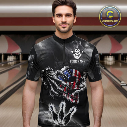 Black And White Flaming American Flag Skull Bowling Shirt For Men Custom Fire Bowling Team Jersey TDM4752