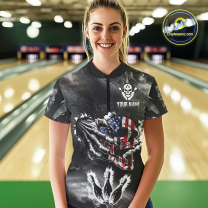 Black And White Flaming American Flag Skull Bowling Shirt For Women Custom Fire Bowling Team Jersey TDM4752