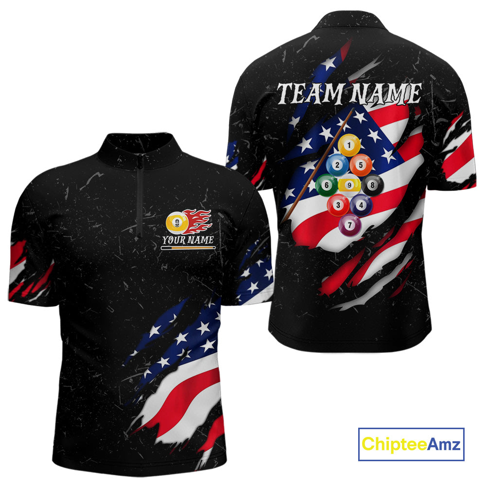 Personalized Patriotic 9 Ball Billiard Shirt For Men Custom Black Grunge American Flag Pool Jersey TDM4758
